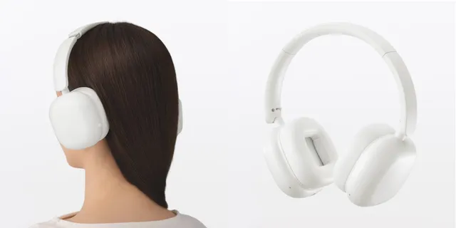 無印良品のワイヤレスヘッドホン(ホワイト)を装着した女性の後ろ姿と、ヘッドホン本体の製品写真