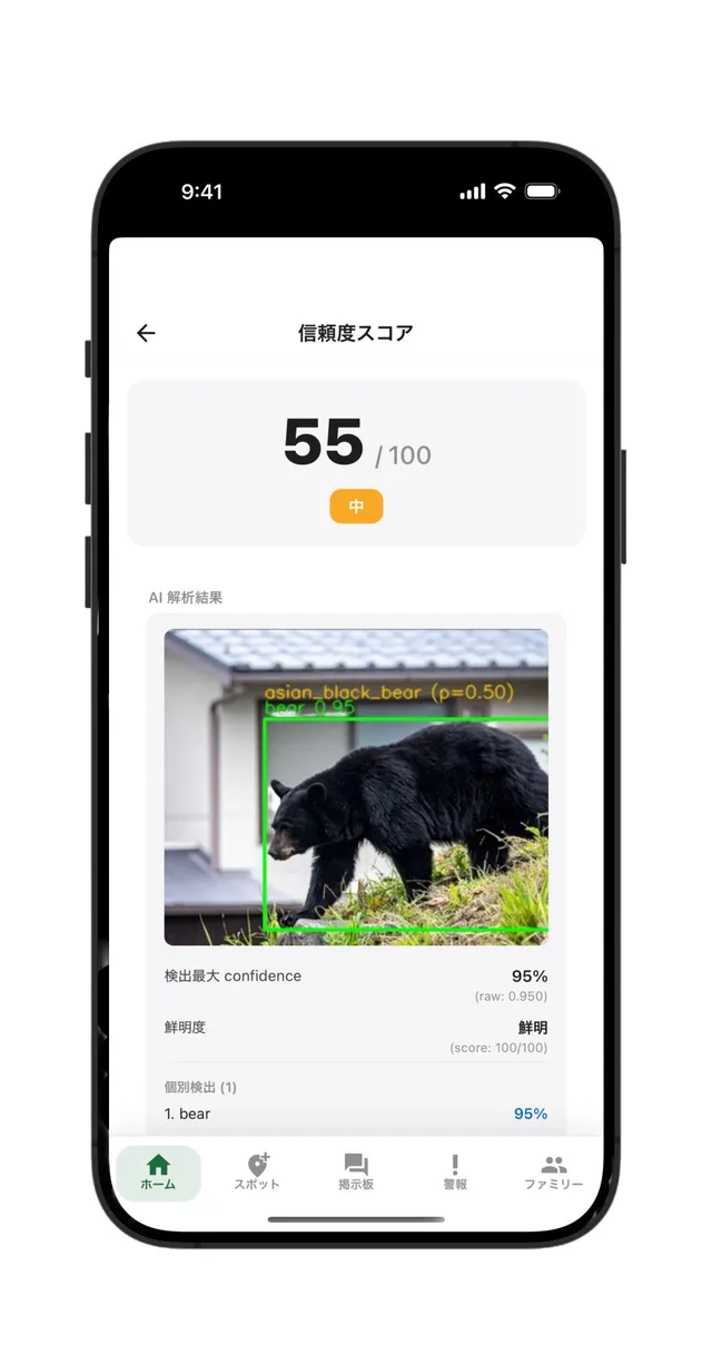 クマップの信頼度スコア画面。投稿写真をAIが解析し、ツキノワグマを95%の確信度で検出。総合信頼度スコアは55/100(中)と表示されている