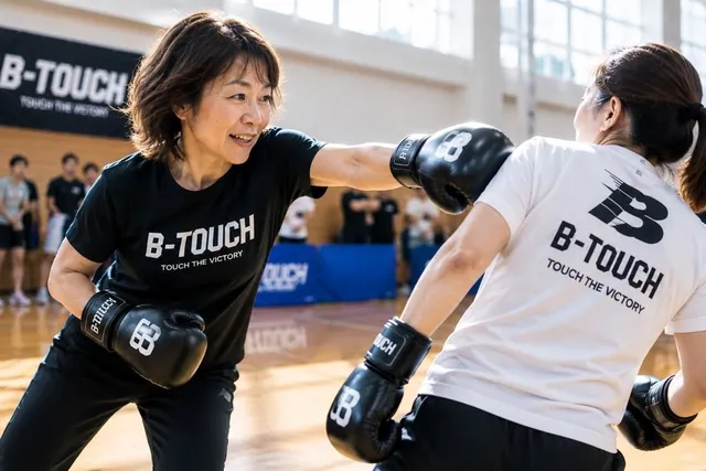 B-TOUCHのロゴ入りTシャツを着た中高年の女性が笑顔でグローブを伸ばし、相手の肩にタッチしようとしている対戦シーン