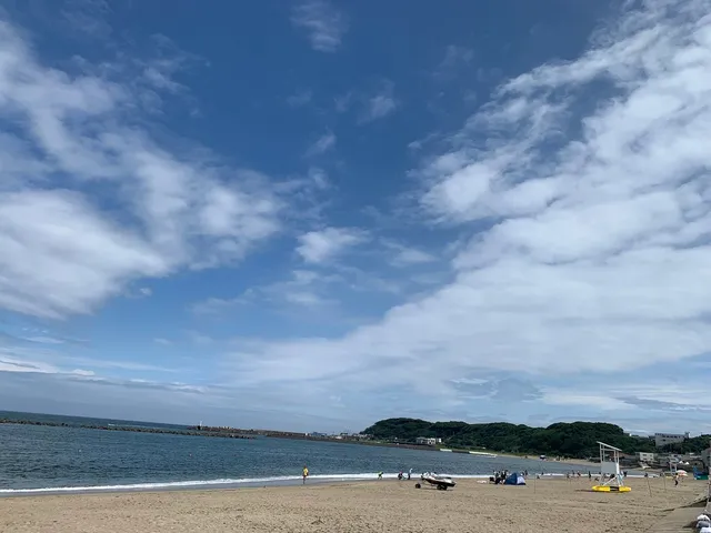 夏の阿字ヶ浦海水浴場の全景。広い砂浜の奥に防波堤と緑の丘陵が見え、海水浴客やボートが点在する