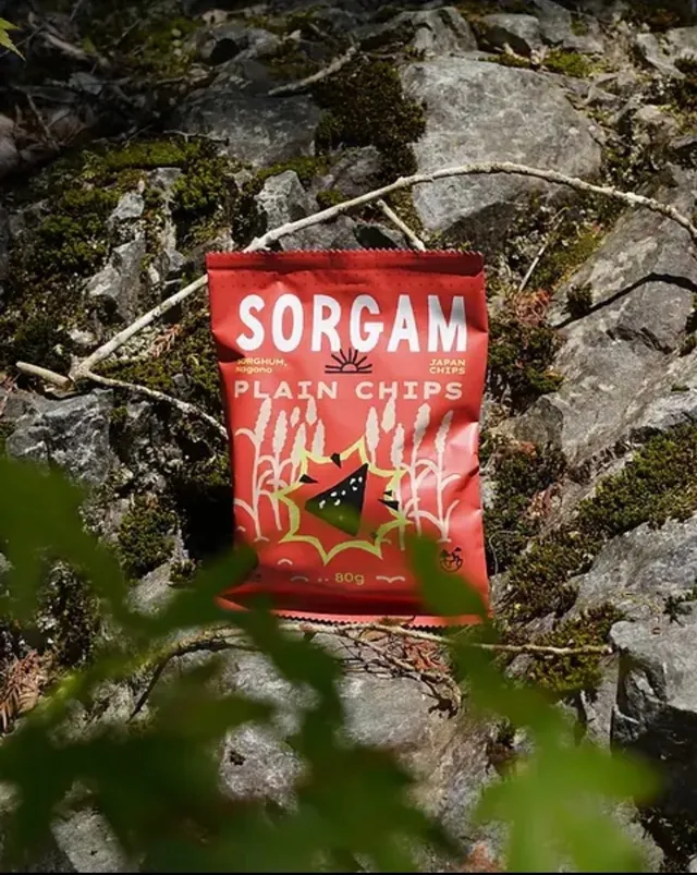 苔むした岩場に置かれたSORGAM PLAIN CHIPSの赤いパッケージ(80g入り)。ソルガムの穂のイラストと山のグラフィックが描かれている