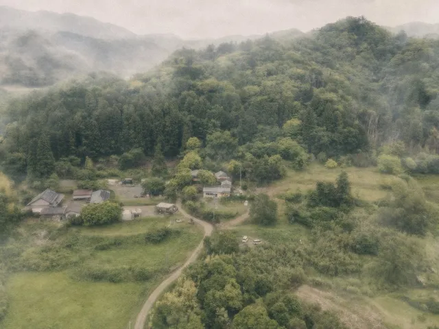 霧に包まれた千葉県富津市の里山を上空から見た和心村の全景。古民家やテント、曲がりくねった小道が緑の中に点在している