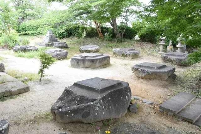 木々に囲まれた境内に大小の礎石が点在する飛鳥地域の史跡。加工された石の表面だけが当時の建築の存在を示している