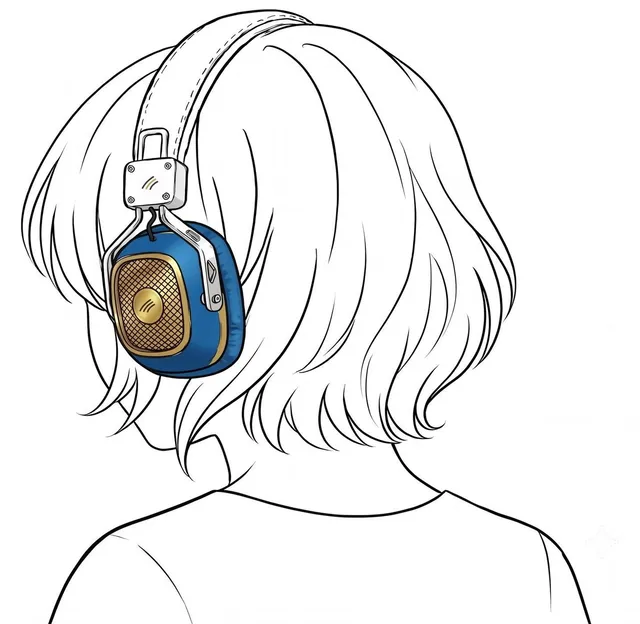 ヘッドフォンを装着した人物の後ろ姿のイラスト。青と金のヘッドフォンが印象的に描かれている