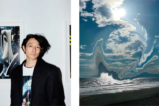 写真家・小林健太のポートレート(左)と、海辺の風景写真を液状に歪ませたデジタル加工作品(右)