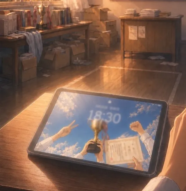 教室の机に置かれたタブレット端末。画面には18:30の時刻表示と、青空の下でトロフィーと賞状を掲げる学生たちの写真が映っている。周囲にはダンボール箱やトロフィーが散らばっている