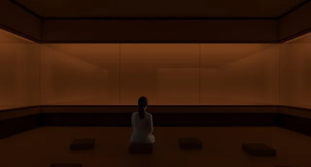 暗い和室のような空間で、座布団に正座した人物が琥珀色に光る壁面を静かに見つめている瞑想的なギャラリーのイメージ