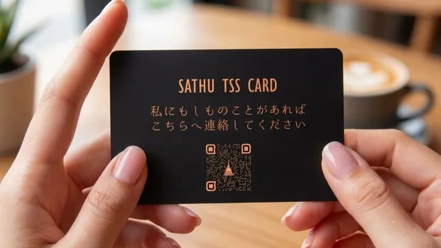 SATHU TSSカードを両手で持つ様子。黒地に銅色の文字で「私にもしものことがあれば こちらへ連絡してください」と記され、下部にQRコードがある