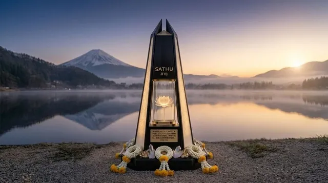富士山と湖を背景に置かれたSATHUの供養モニュメント。中央のガラス部分に蓮の花が光り、周囲に花輪と水晶が飾られている