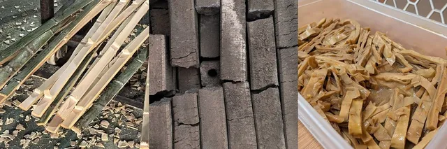 半割りにされた竹材、竹炭、メンマ用に加工された竹の3枚並び。竹の多用途活用を示す