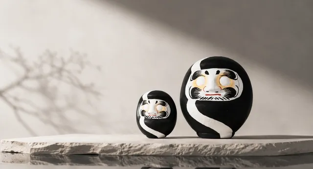 石の台座に置かれた黒白のだるま「YOHAKU|余白」コレクションの大小2体。白い片目が印象的で、枝の影が背景に落ちている