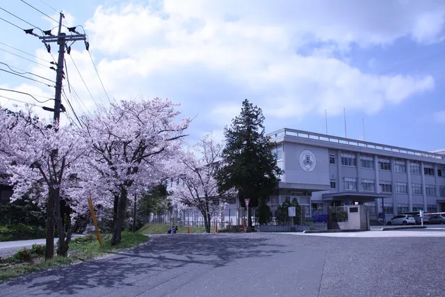 桜が満開の構内から見た高専の校舎外観。校章が掲げられた建物と桜並木が春の入学シーズンを思わせる