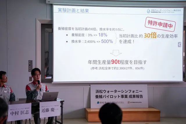 「実験計画と結果」のスライドを示すスクリーンの前で説明する担当者。養殖密度3%→18%、換水率2,400%→500%、生産効率30倍などの数値グラフを表示