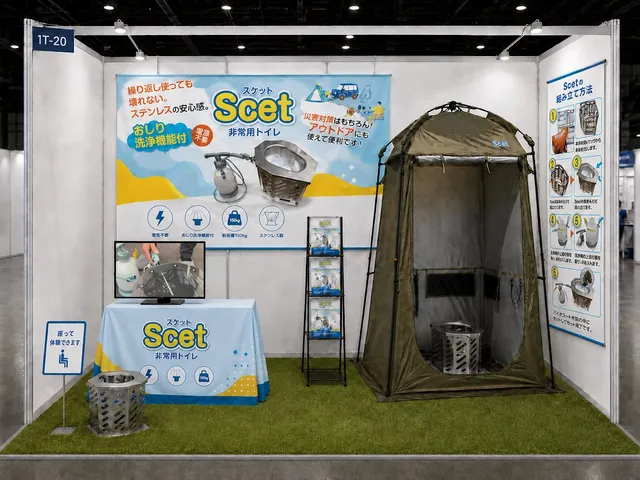 展示会ブースに設置されたScetのテント式個室と本体、パンフレット、体験用の椅子