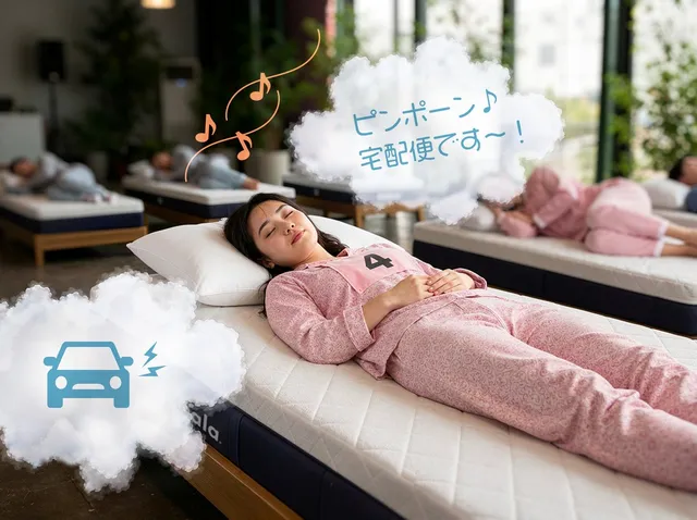 ゼッケンをつけ横たわる参加者と「ピンポーン♪宅配便です〜!」という睡眠妨害の吹き出し演出