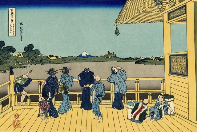 北斎「冨嶽三十六景 五百らかん寺さざゐどう」原画。栄螺堂から群衆が富士山を眺める構図