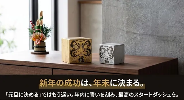 正月飾りとともにリビングの棚に置かれた金と銀の達磨