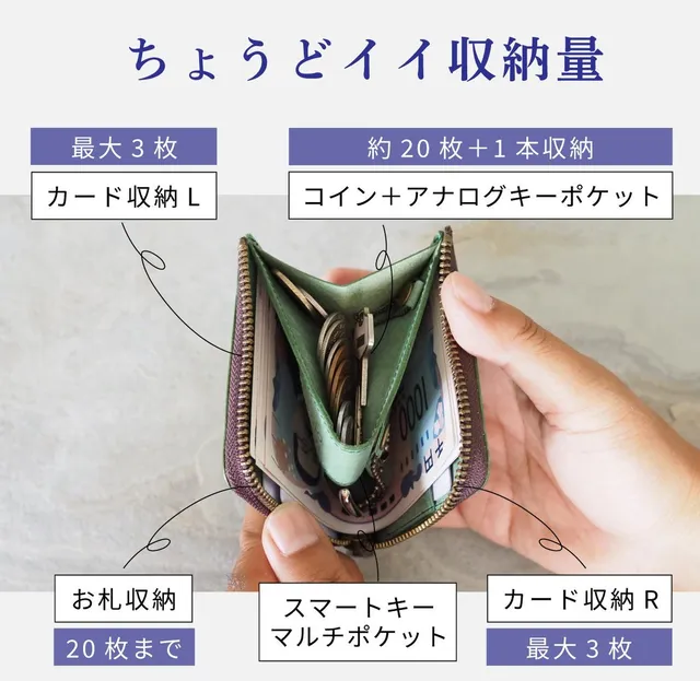 財布内部のカード収納・お札収納・スマートキーポケットの配置を示した構造図解写真