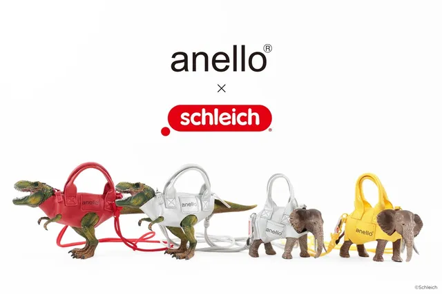anello×schleichコラボの4体のフィギュア(赤・シルバーの恐竜、シルバー・イエローの象)が並ぶ全体写真