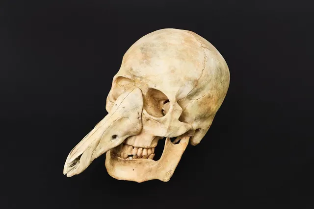 鼻の骨が異様に長く伸びた人骨のような頭骨オブジェ、パンジャ王国の展示物とされる標本