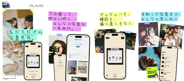 友人と寝室でくつろぐ写真や、翌日12時に一斉開封される「Sauna club」のグループ写真閲覧画面など、Flareの一連の使用体験を並べたカット