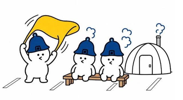 旗を振るスタッフと、テントサウナの前のベンチに座る2人のキャラクターのイラスト
