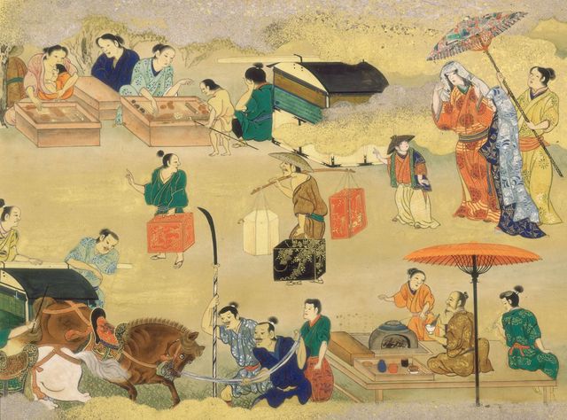 江戸時代の絵画に描かれた、箱を担いで運ぶ人々や日常生活の情景